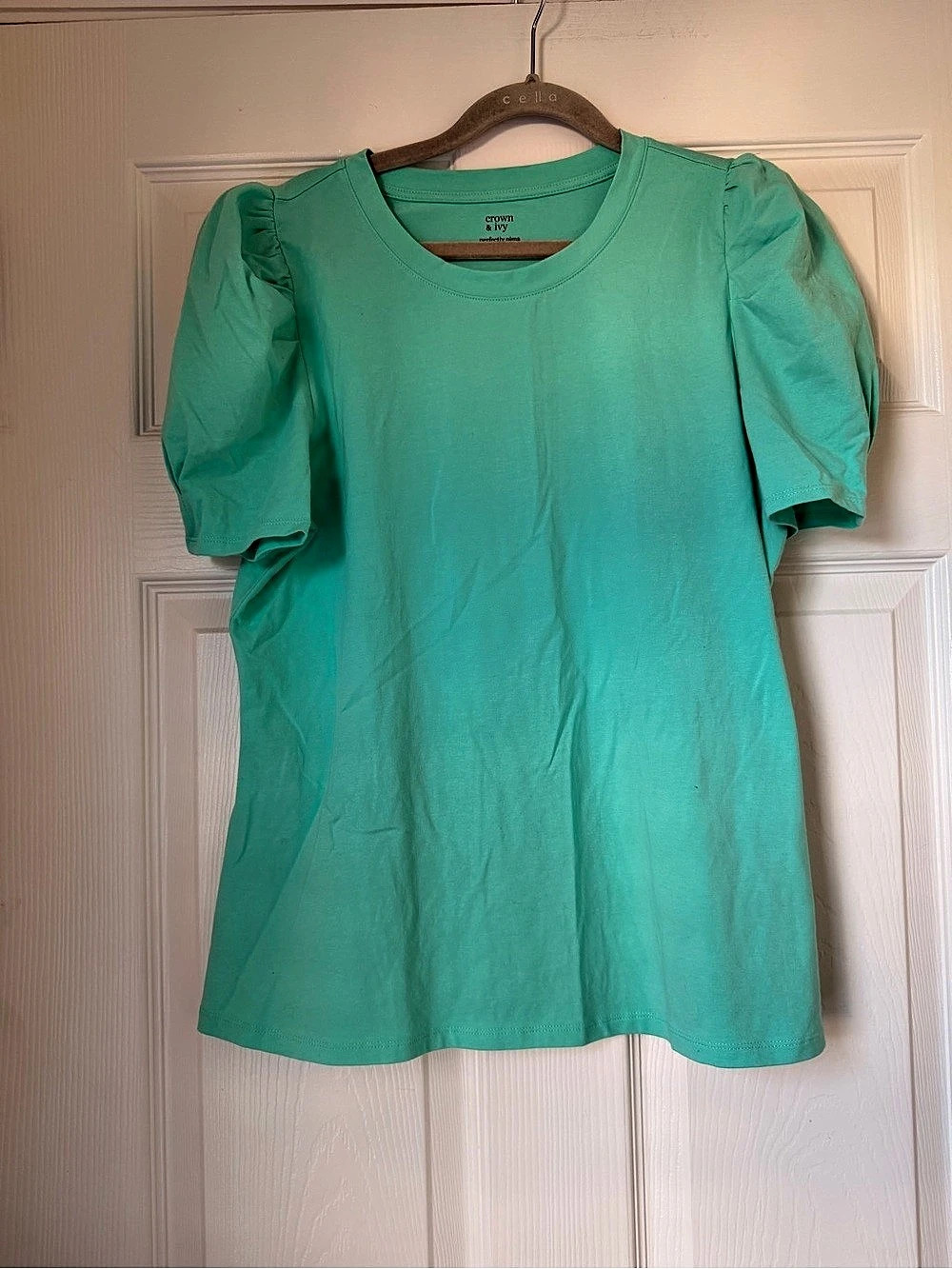 Crown & Ivy Perfectly Pima Puff Sleeve Top Green Size 1 (1X)